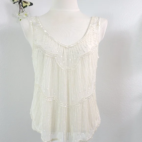 WILLOW & CLAY ANTHROPOLOGIE CREAM OFF WHITE SEQUINED BEADED SLEEVELESS TOP SZ:S - Picture 14 of 15